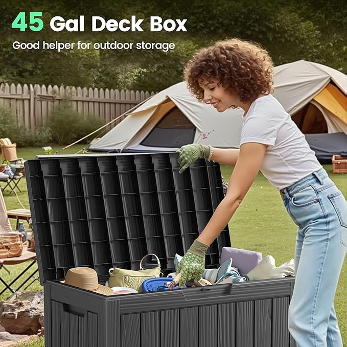 45 Outdoor Storage Box, Waterproof Resin Deck Box with Side Handles, Lockable Outdoor Bench for Indoor & Outdoor Use, Storage Bin for Patio Cushions, Garden Tools, Package Delivery, Black-VerdiqueGarden