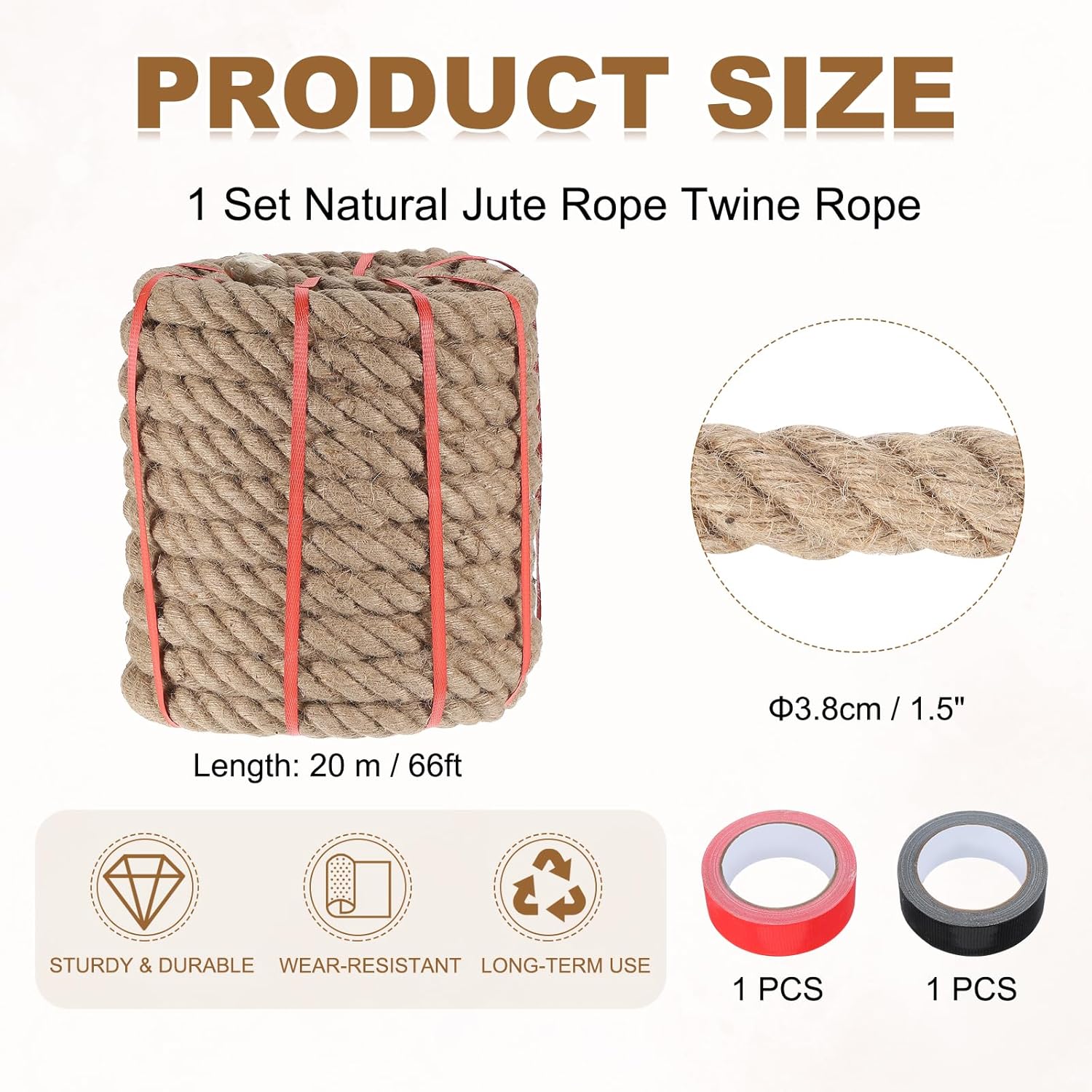 MECCANIXITY Jute Rope 1.5 Inch x 66ft, Thick Twine Rope Ropes Braided Jute Twine Natural Brown Burlap Cord String Heavy Twisted with Tapes for Decorative Crafts Railing Swing Tug of War-VerdiqueGarden