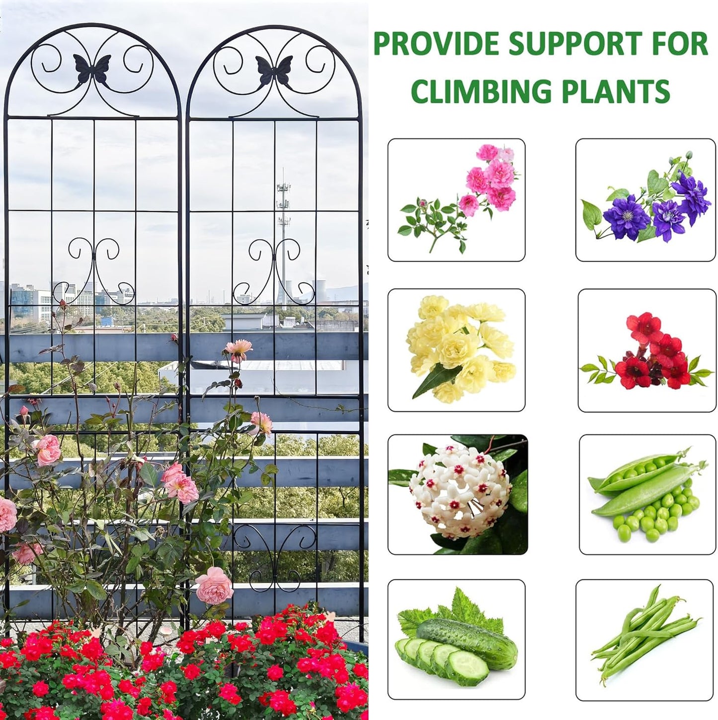 6 Pack Metal Garden Trellis 87" Tall for Climbing Plants Garden Fence Rustproof Outdoor Trellis Support Roses Flower Lawn, Black 7.2FT-VerdiqueGarden