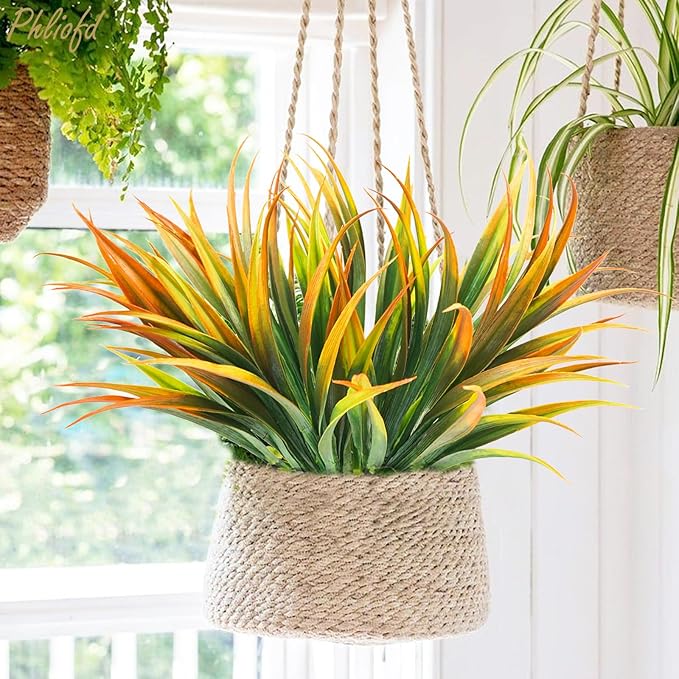 6Pcs Artificial Grass Fake Plants 17.3in Outdoor Plastic Plants UV Resistant Greenery Fake Grass for Home Window Garden Office Patio Hanging Planter Pathway Front Porch Décor Orange Yellow-VerdiqueGarden
