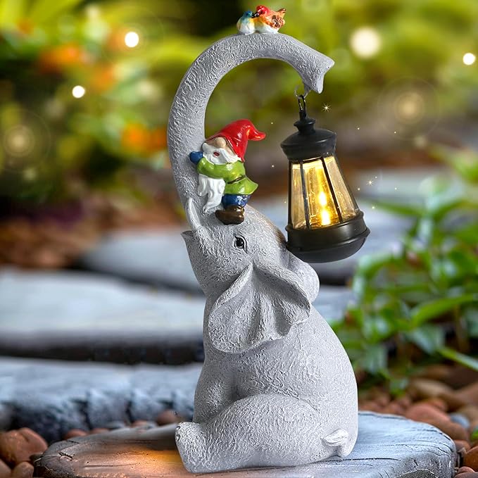 Elephant Statues Garden Decor - Lucky Elephant Outdoor Statues with Solar Powered Lantern, Elephant Statue Gifts for Women,Resin Yard Art for Outdoor & Home Decor(11" Elephant)-VerdiqueGarden