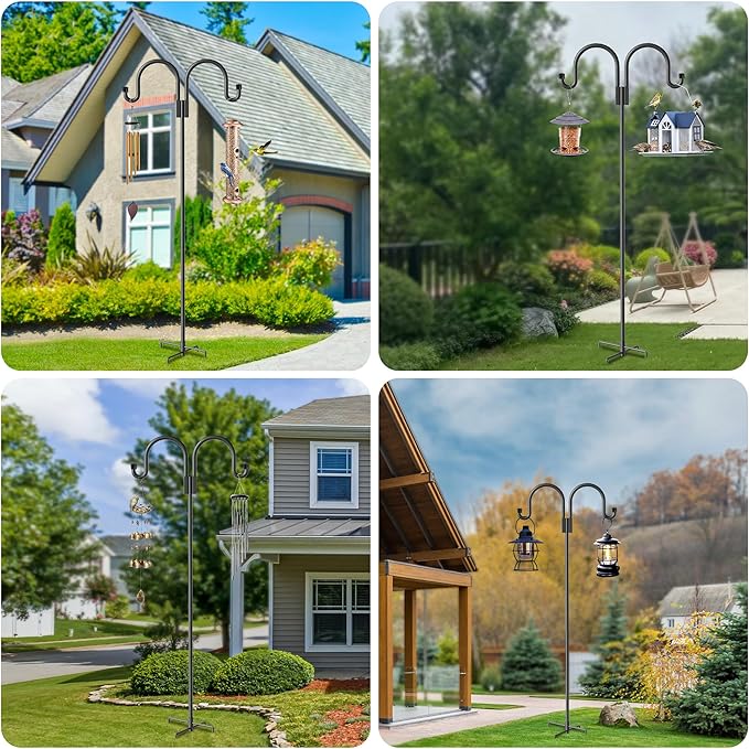 Highpro Double Shepherds Hooks for Outdoor, 2 Pack 79 Inch Heavy Duty Garden Pole for Hanging Bird Feeder, Bird Feeder Hook Plant Baskets,Garden Plant Hanger Stands with 5 Base Prongs-VerdiqueGarden