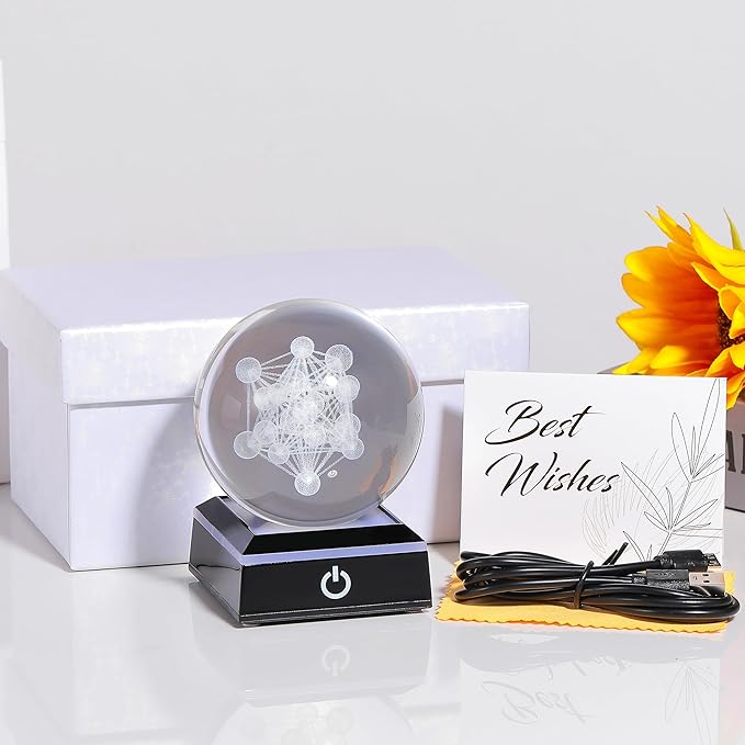Qianwei 3D Metatron's Cube Crystal Ball with LED Colorful Lighting Touch Base - Flower of Life Night Light - Grid Sacred Geometry Sphere for Meditation Decor Spiritual Decor-VerdiqueGarden