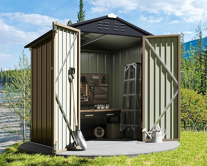 Greesum Outdoor Storage Shed 6 x 4 ft. Utility Tool Shed Metal Storage Garden Shed with Door & Lock for Patio Storage, Brown-VerdiqueGarden