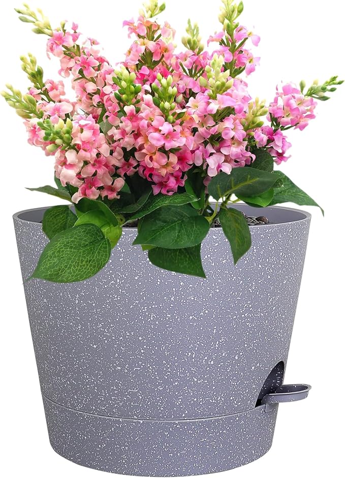 12 inch Large Self Watering Pots for Indoor Outdoor Plants, Plant Pots with Mesh Drainage Holes for Garden House Plants, Plastic Planters with Reservoir for Flower, Speckled Grey-VerdiqueGarden