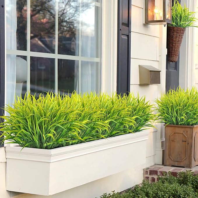 Ouddy Decor 16 Bundles Artificial Plants Outdoor Fake Grass Greenery Stems UV Resistant Faux Plastic Plants Shrubs for Spring Summer Home Garden Pathway Window Box Front Porch Decor, Yellow-VerdiqueGarden
