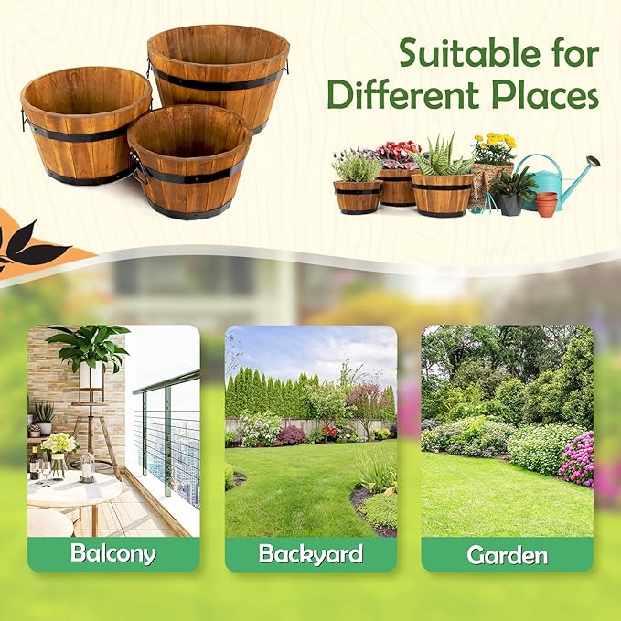 IDZO Set of 3 Wooden Flower Boxes Outdoor, Durable Acacia Wood Barrel Planters for Outdoor Plants with Ergonomic Handles, Drainage Holes, Multiple Sizes Wood Bucket Planter Light Brown-VerdiqueGarden