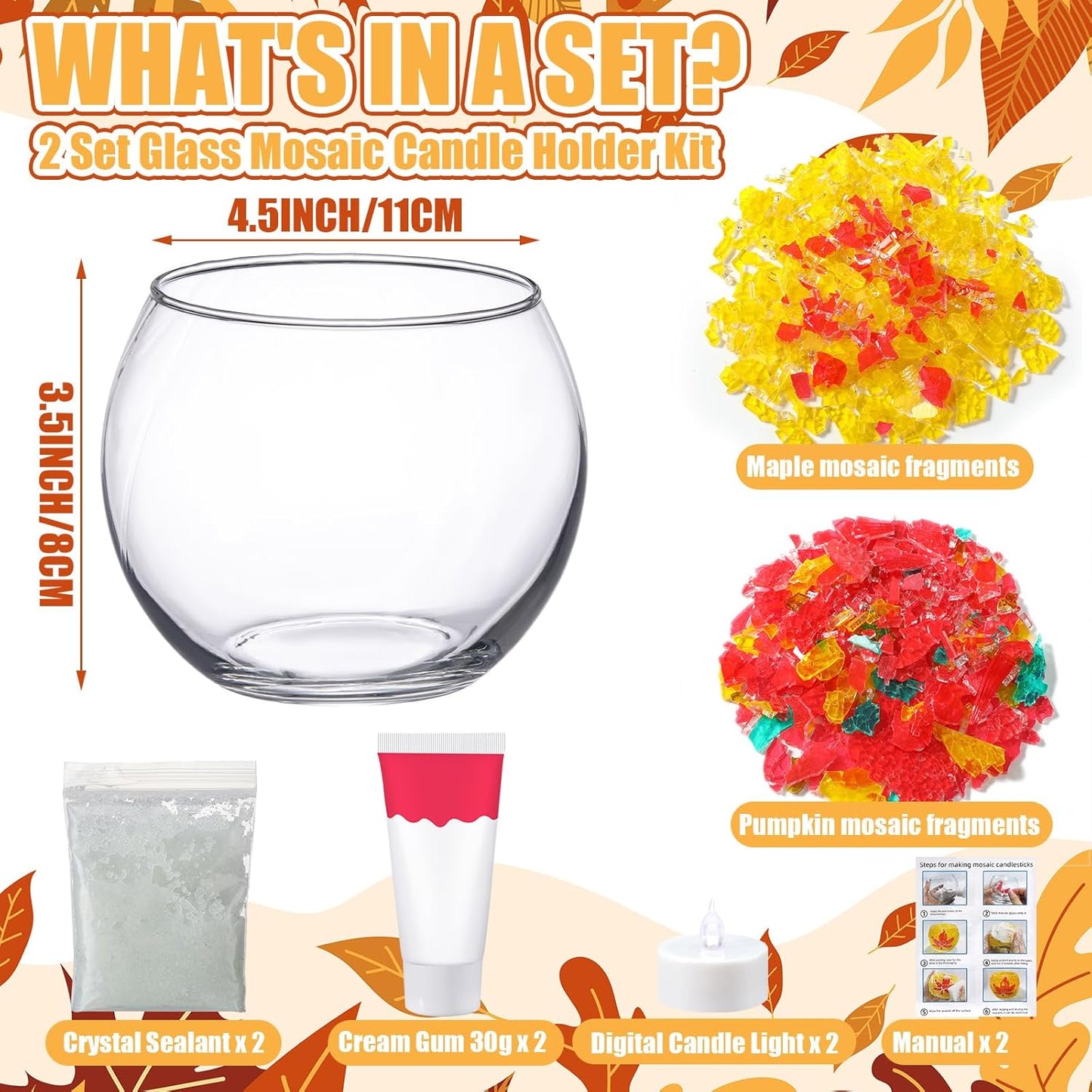 2 Set Glass Mosaic Candle Holder Kit Include Tea Light Holder, Glass Mosaic Tiles DIY Crafts Creativity Handmade Artwork for Adults Home Lighting Decor(Autumn Theme)-VerdiqueGarden