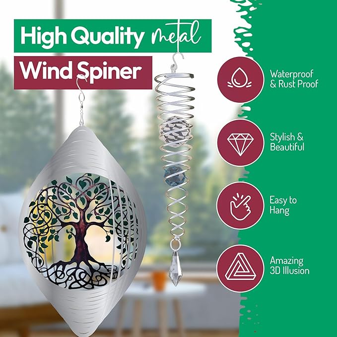 ISEO Tree of Life Wind Spinner Outdoor and Gazing Ball Set, Metal Yard and Garden Decoration, Weather-Resistant Wind Spinners for Outdoor, 6.5" Cool Garden Décor, Perfect Wind Spinner Gift-VerdiqueGarden