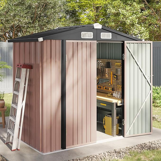Aoxun 6.2x4 FT Shed Outdoor Storage Shed with Lockable Doors & Slooping Roof Metal Garden Tool Shed for Backyard, Patio, Poolside (Brown)-VerdiqueGarden