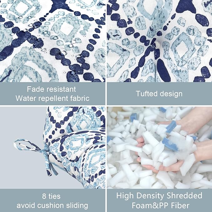LVTXIII Outdoor Tufted High Back Cushions Set of 2 Patio Seasonal Replacement Rocking Chair Cushion with Ties, Solid Seat and Back Chair Cushion, (44” L x 22W”, Boho Geometry Blue)-VerdiqueGarden