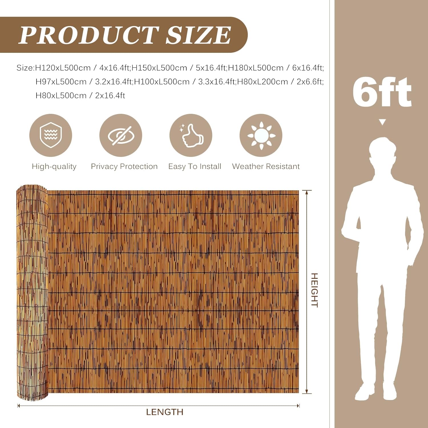 Natural Reed Fencing Rolls: Privacy Bamboo Fence 3/4/5/6ft High Roll Reed Screen, Decorative Bamboo Fencing for Outdoor Balcony Patio Garden Backyard,with Cable Zip Ties(Coffee, 4x10ft)-VerdiqueGarden