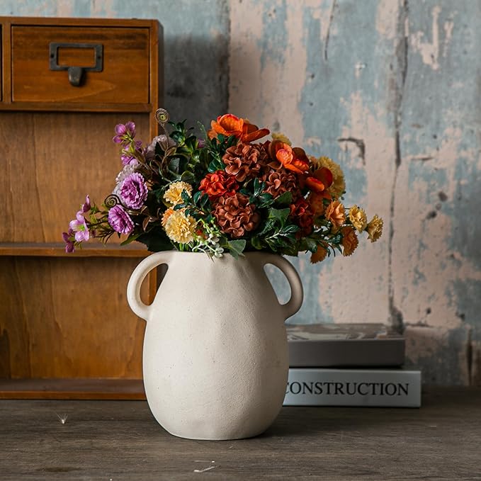 Off-White Ceramic Vase with 2 Handles, Sandstone Texture for Modern Farmhouse Decor, Rustic Pottery, Decorative Flower Vase, Clay Small Vase, Centerpiece for Dining Table - 7 Inch Tall-VerdiqueGarden