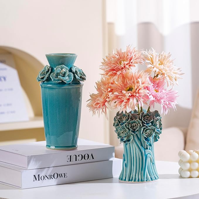 Handmade 3D Ceramic Flower Blue Bud Vase for Centerpieces, Decorative Blue Flower Vases for Wedding Reception, Home Decor, Living Room, Cottage Core Decor, Jarrones Decorativos para Sala 8.7 Inch-VerdiqueGarden