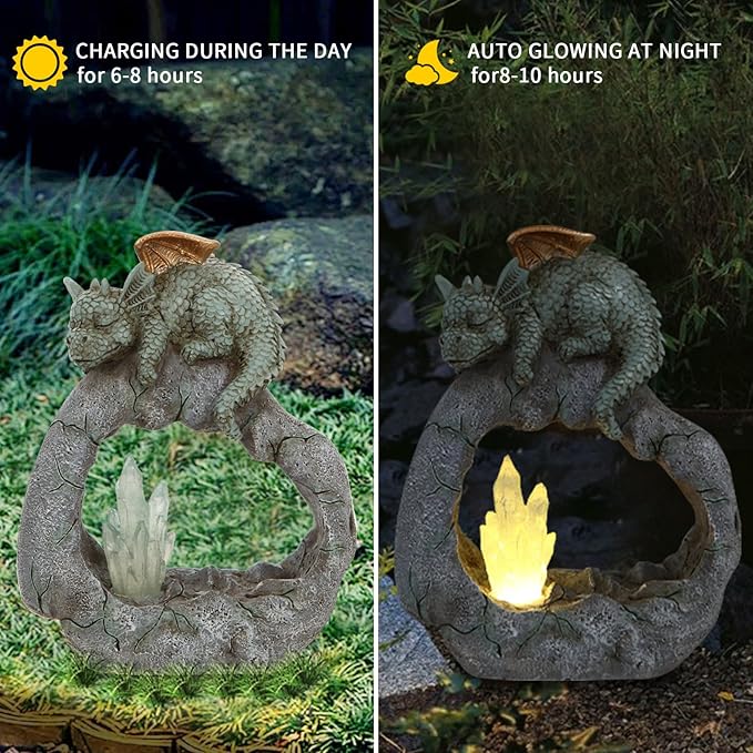 Solar Powered Dragon Statue ，Garden Decor with Crystal LED Lights Handmade Waterproof Resin Dinosaur Outdoor Patio Lawn Sculpture Perfect Christmas (Crystal Dragon)-VerdiqueGarden