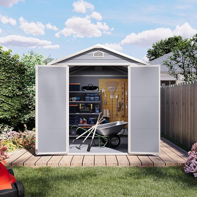 Storage Shed Plastic Outdoor Storage Shed Waterproof Container House with Lockable Door and Transparent Window for Garden, Lawn, Backyard, Patio (6x8FT)-VerdiqueGarden