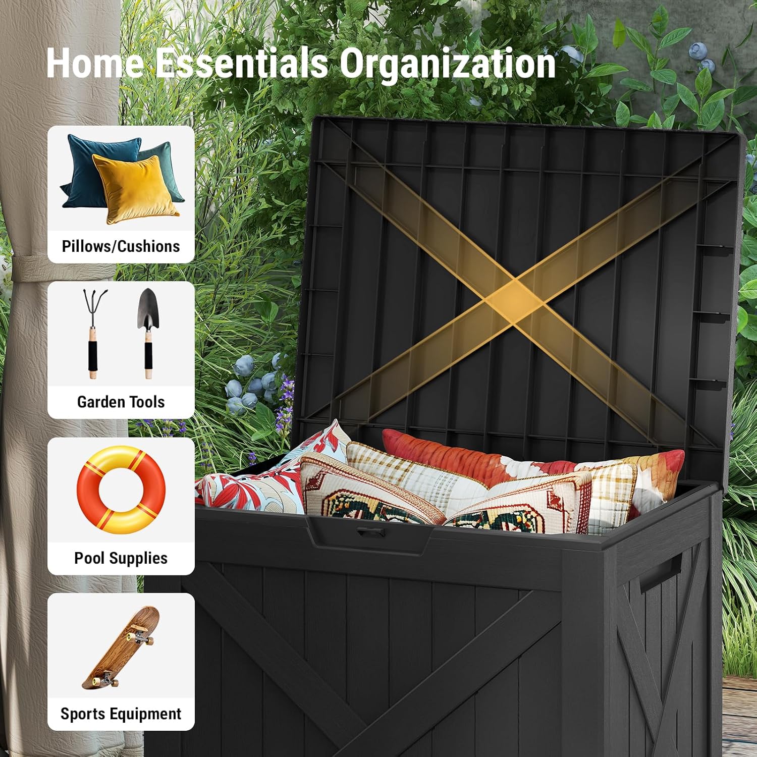 Mars Villa 31 Gallon Deck Box, Outdoor Storage Box Waterproof, Outside Resin Storage Bin for Outdoor Patio Furniture Cushions, Pool Supplies, Garden Tools, UV-Resistant and Weatherproof, Black Barn-VerdiqueGarden