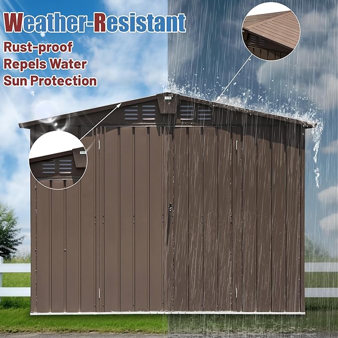Domi Outdoor Storage Shed 10' x 8’, Metal Garden Shed with Galvanized Steel Frame for Bike, Tools, Lawn Mowers, Pool Toys, Outdoor Storage Cabinet with Lockable Door for Garden Lawn Patio (Dark Brown)-VerdiqueGarden