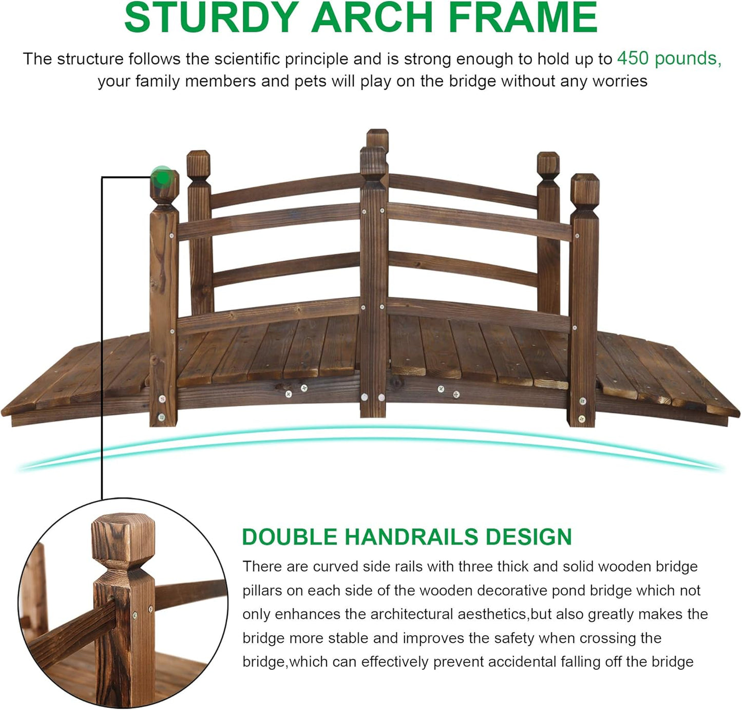 5FT Wooden Garden Bridge Arch Stained Finish Footbridge Decorative Backyard Bridge with Double Safety Railings Outdoor Lawn Pond Bridge Walkway for Garden Yard Patio Courtyard Farm Stream Creek-VerdiqueGarden