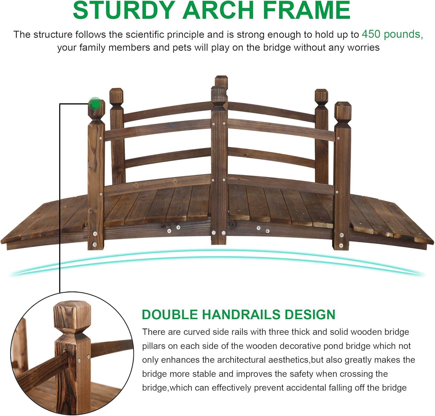 5FT Wooden Garden Bridge Arch Stained Finish Footbridge Decorative Backyard Bridge with Double Safety Railings Outdoor Lawn Pond Bridge Walkway for Garden Yard Patio Courtyard Farm Stream Creek-VerdiqueGarden