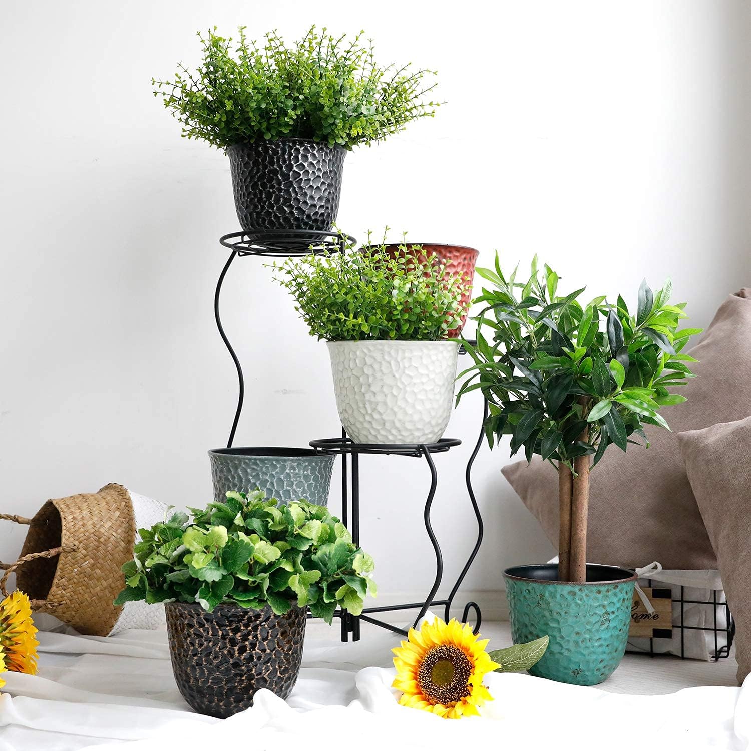 Worth Garden Plastic Round 8 Inch Planters for Indoor Plants Set of 6 Outdoor Resin Flower Pots Colorful with Drainage Hole Rubber Plug Retro Appearance Home Christmas Decorative Containers Multicolor-VerdiqueGarden