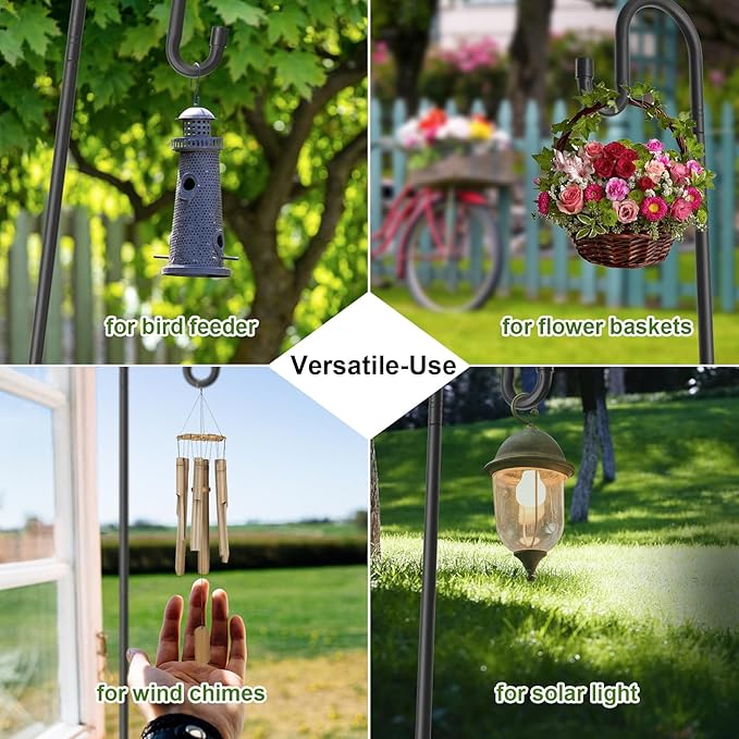 Hummingbird Feeder Pole for Outdoors - Heavy Duty Bird Feeder Stand with Adjustable Stake,62"Rustproof Shepards Poles with Hangers Holder for Birdfeeder,Wind Chimes,Lanterns,Wreaths,Black-VerdiqueGarden