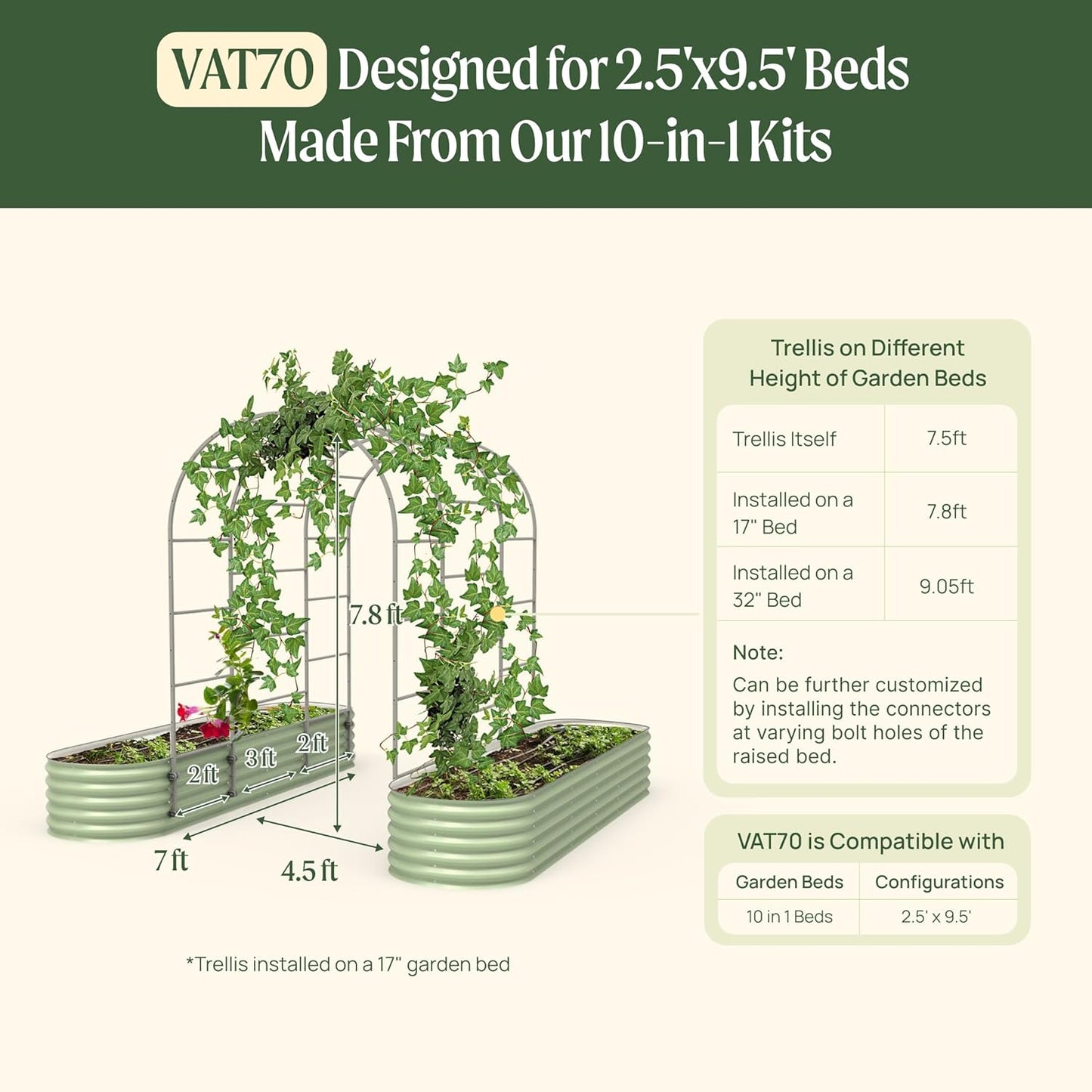 Vego Garden Modular Arched Trellis System 7.0' Long Trellis for 2.5' x 9.5' (10 in 1) Garden Bed-VerdiqueGarden