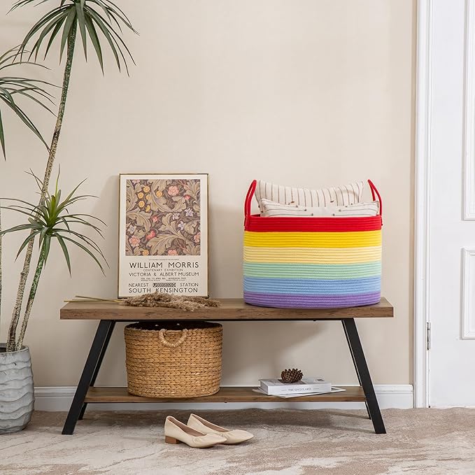 KAKAMAY Large Blanket Basket (20"x13"),Woven Baskets for storage Baby Laundry Hamper, Cotton Rope Blanket Basket for Living Room, Laundry, Nursery, Pillows, Baby Toy chest (Rainbow)-VerdiqueGarden