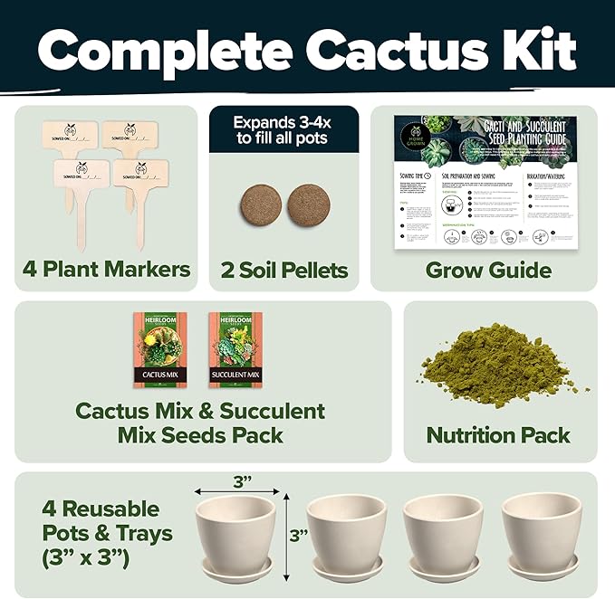 HOME GROWN Succulent & Cactus Seed Kit for Planting – [Enthusiasts Favorites] Premium Cactus & Succulent Starter Kit: 4 Planters, Drip Trays, Markers, Seeds Mix, Soil - DIY Gift Kits-VerdiqueGarden