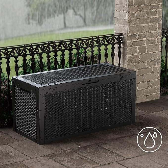 100 Gallon Resin Deck Box, Waterproof Outdoor Storage Bin for Patio Furniture, Pool Accessories, and Garden Tools, Lockable & UV-Resistant, Black-VerdiqueGarden