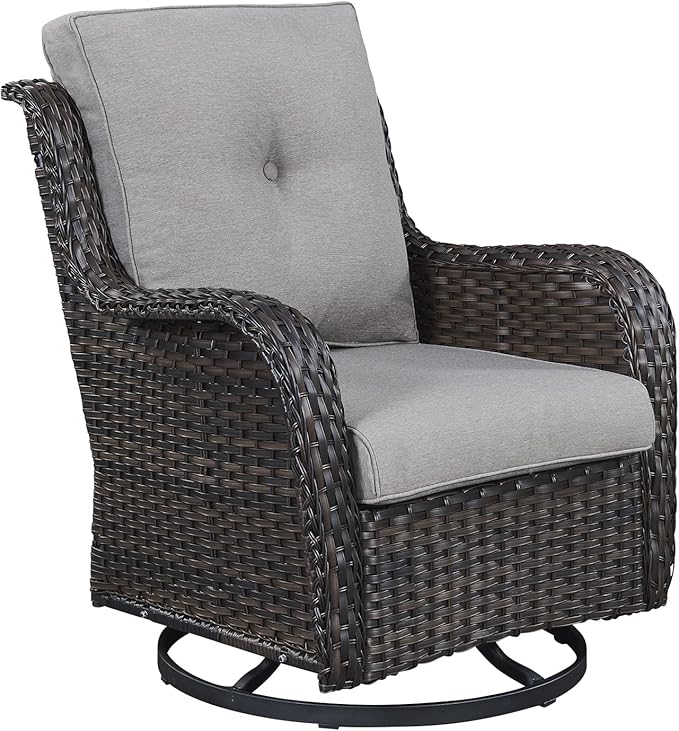Outdoor Patio Swivel Rocker Chairs - Single Wicker Rattan Patio Swivel Rocking Chair with High Back,Deep Seating and Comfort Cushions for Deck Porch Garden,Brown/Grey-VerdiqueGarden