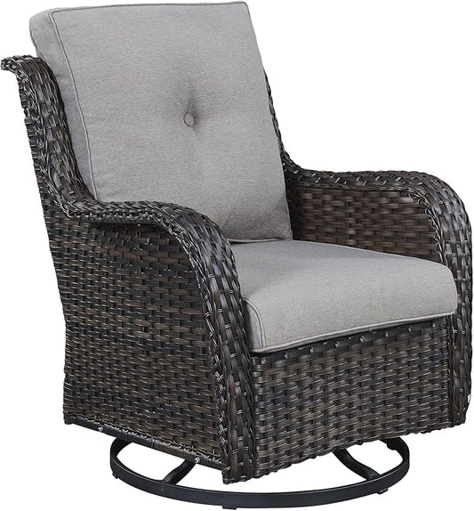 Outdoor Patio Swivel Rocker Chairs - Single Wicker Rattan Patio Swivel Rocking Chair with High Back,Deep Seating and Comfort Cushions for Deck Porch Garden,Brown/Grey-VerdiqueGarden