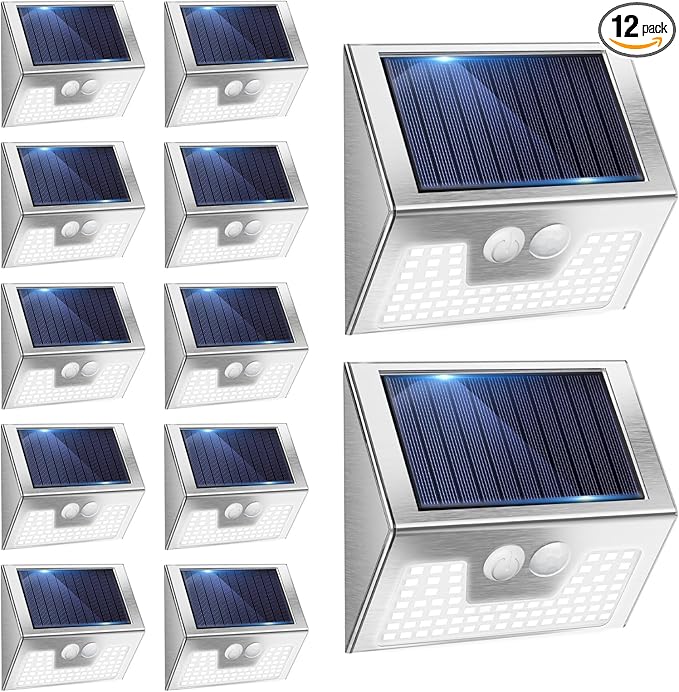 Vighrep 12-Pack Solar Motion Lights - Outdoor, Brushed Nickel, Bright Cold White, Waterproof LED Fence Lights Wireless for Wall, Yard, Steps, Stairs, Garden-VerdiqueGarden
