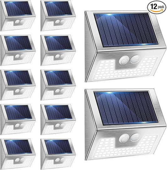 Vighrep 12-Pack Solar Motion Lights - Outdoor, Brushed Nickel, Bright Cold White, Waterproof LED Fence Lights Wireless for Wall, Yard, Steps, Stairs, Garden-VerdiqueGarden