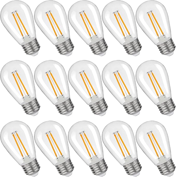 S14 Replacement LED Light Bulbs, Shatterproof & Waterproof 2W S14 Edison LED Bulbs, Outdoor String Lights, E26 Base Patio Lights, Warm White 2200K Plastic 150ML Non-Dimmable 15 Pack-VerdiqueGarden