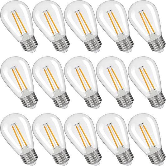 S14 Replacement LED Light Bulbs, Shatterproof & Waterproof 2W S14 Edison LED Bulbs, Outdoor String Lights, E26 Base Patio Lights, Warm White 2200K Plastic 150ML Non-Dimmable 15 Pack-VerdiqueGarden