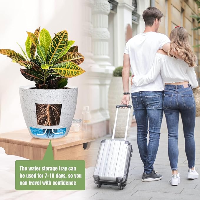 10/9/8 inch Self Watering Pots, Set of 3 Plastic Planters with Mesh Drainage Holes and Deep Reservoir for Indoor Outdoor Garden Plants and Flowers, White Speckles-VerdiqueGarden