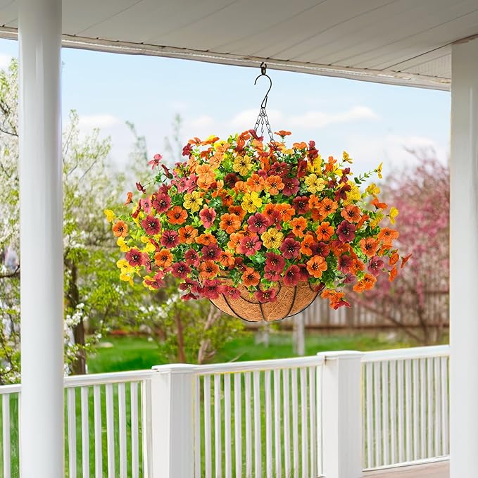 Artificial Fake Hanging Plants Flowers Basket, Faux Silk Daisy in Planter Realistic UV Resistant for Outside Home Patio Balcony Yard Spring Outdoor Decoration (Orange Brown Yellow)-VerdiqueGarden