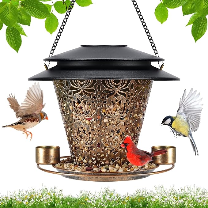 Solar Bird Feeders for Outside Hanging Metal Wild Bird Feeder Solar Lanterns Outdoor Waterproof Garden Decor for Yard Brown-VerdiqueGarden