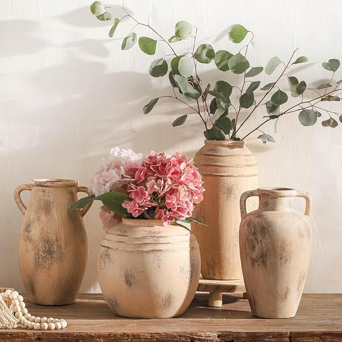Large Ceramic Vase,11.3 inch Tall Farmhouse Flower Vase with 2 Handles,Terracotta Decorative Flower Vase for Home Decor, Living Room Entryway Table Centerpiece Decor-VerdiqueGarden