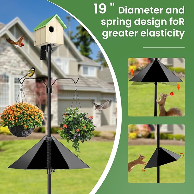 Bird House Pole, 95 Inch Heavy Duty Bird Feeder Pole Mount Kit for Outdoors, Adjustable Feeding Stand, with 2-Hooks, Metal Squirrel Baffle and 5-Prong Base, for Birds Watching-VerdiqueGarden