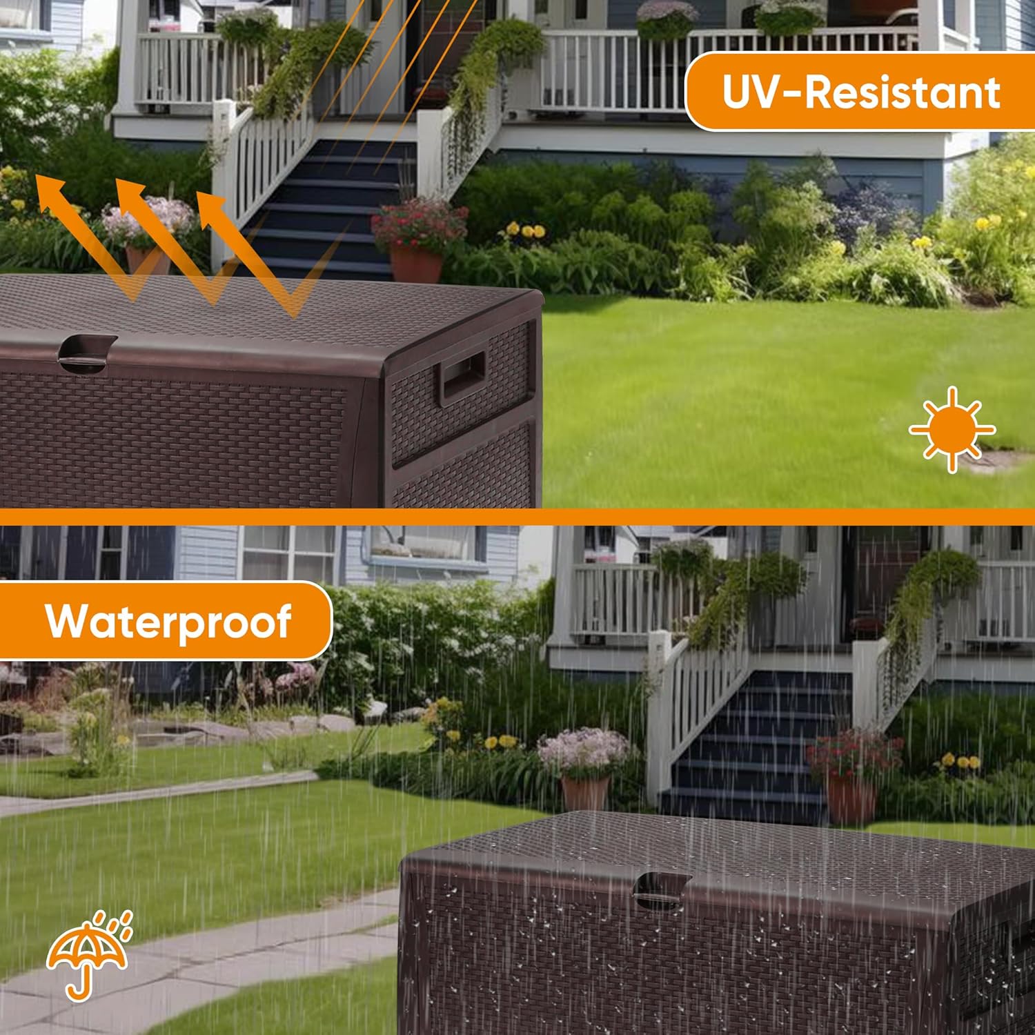125 Gallon Resin Deck Box, Weatherproof Outdoor Storage Box for Patio, Garden, Pool, and Yard, Lockable Waterproof Bin for Tools, Cushions, and Accessories, Brown-VerdiqueGarden