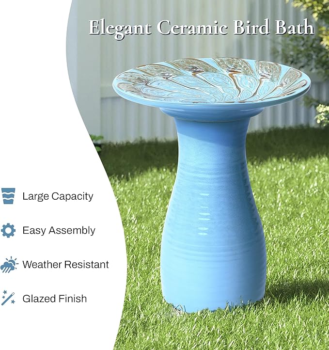 LuxenHome 20 Inch Ceramic Bird Bath for Outside, Elegant Tall Outdoor Bird Bath, Lightweight Pedestal Glazed Birdbaths for Outdoors with Leaf Pattern, Sky Blue-VerdiqueGarden