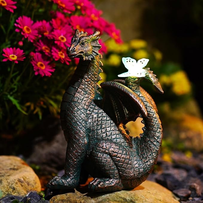 Garden Decor Solar Dragon Statues: Outdoor Sculptures with Glowing Butterfly for Lawn Ornaments Yard Art Porch Patio Balcony - Gifts for Mom Grandma Women-VerdiqueGarden