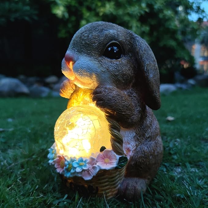 Solar Rabbit Garden Outdoor Statues,Resin Rabbit Figurine Carrying Flower Basket and Magic Orb with Solar LED Lights, Lawn Decor Outdoor Statue for Patio, Balcony, Yard Ornament-VerdiqueGarden