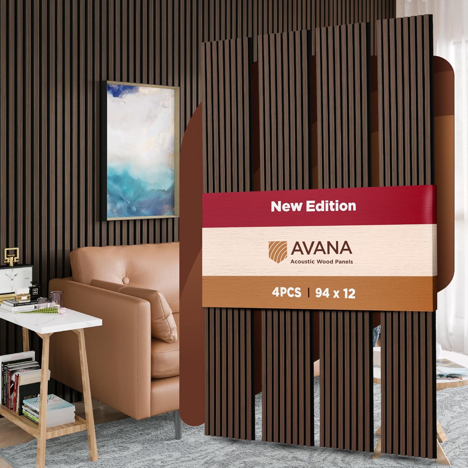 Avana Acoustic Wood Wall Panels – 94.4 x 12.6 Inch Dark Walnut Acoustic Panels 4 PCs – Wall Panels For Interior Wall Decor for Homes, Offices, Studios – Aesthetically Pleasing Wood Panels For Wall-VerdiqueGarden