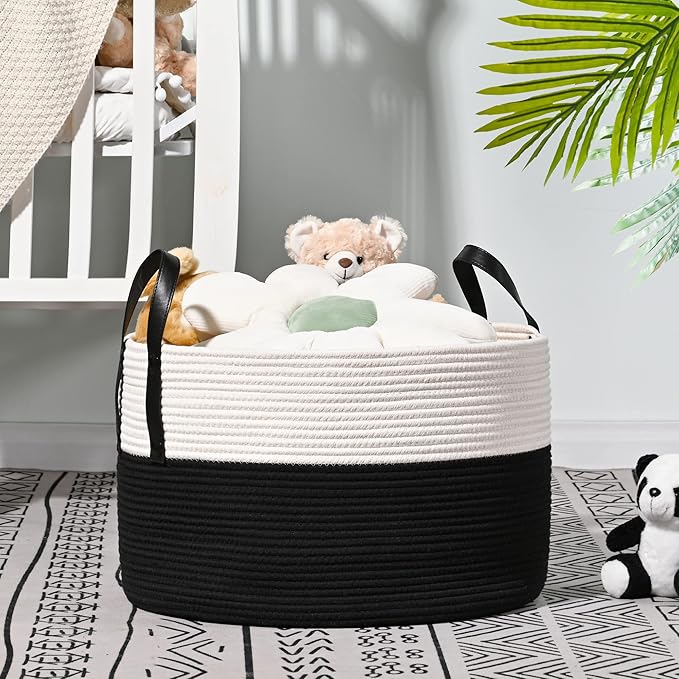 KAKAMAY Large Blanket Basket (20"x13"),Woven Baskets for storage Baby Laundry Hamper, Cotton Rope Blanket Basket for Living Room, Laundry, Nursery, Pillows, Baby Toy chest (White/Black)-VerdiqueGarden