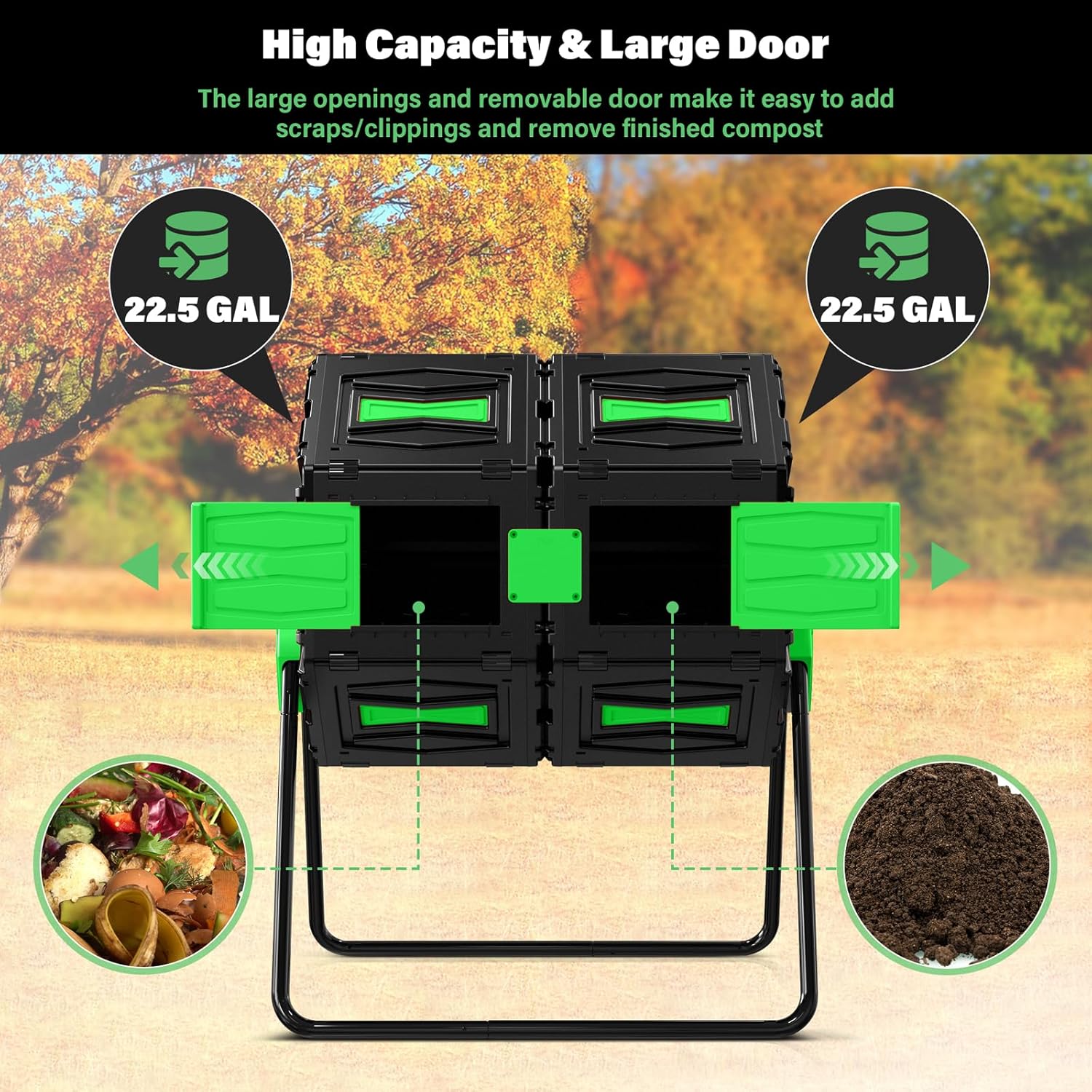 Compost Tumbler, Easy Assemble & Efficient Outdoor Compost Bin, 45 Gallon/170 Liter Large Dual Chamber Rotating Composter for Garden, Kitchen, and Yard Waste, Green Door-VerdiqueGarden