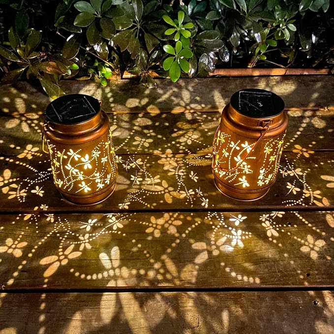 Mothers Day Gifts, 4 Packs Solar Lanterns Outdoor Hanging Lantern Lights, 4 Dragonfly Hollowed-Out Metal Decor Lantern, Waterproof LED Decorative Garden Light Gifts-VerdiqueGarden