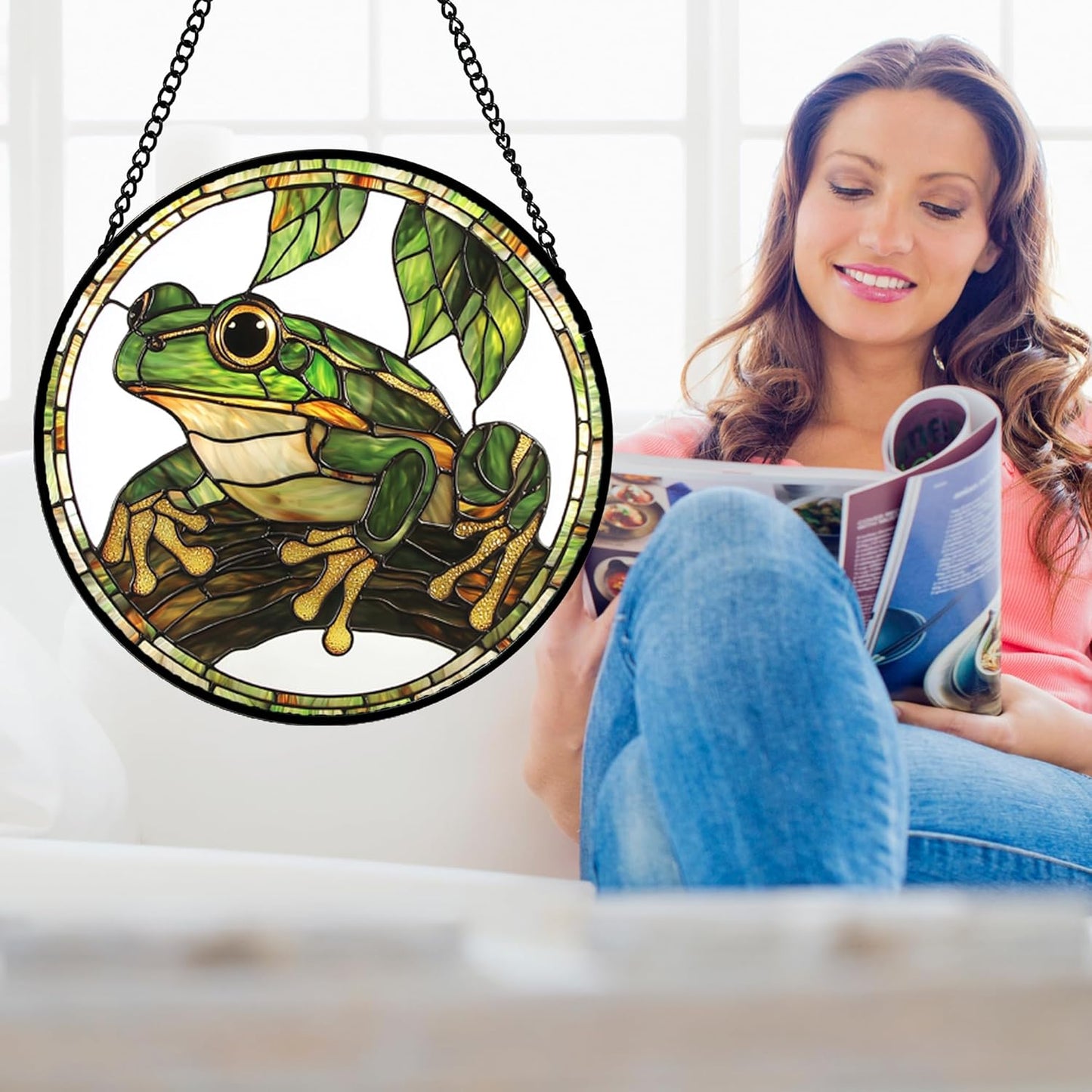 Stained Glass Window Hanging, Frog Green Leaf Sun Catchers Colorful Glass Panel Cool Suncatcher Decor for Birthday for Women, Men, Wife, Aunt, and Mom 14.9x14.9 in-VerdiqueGarden